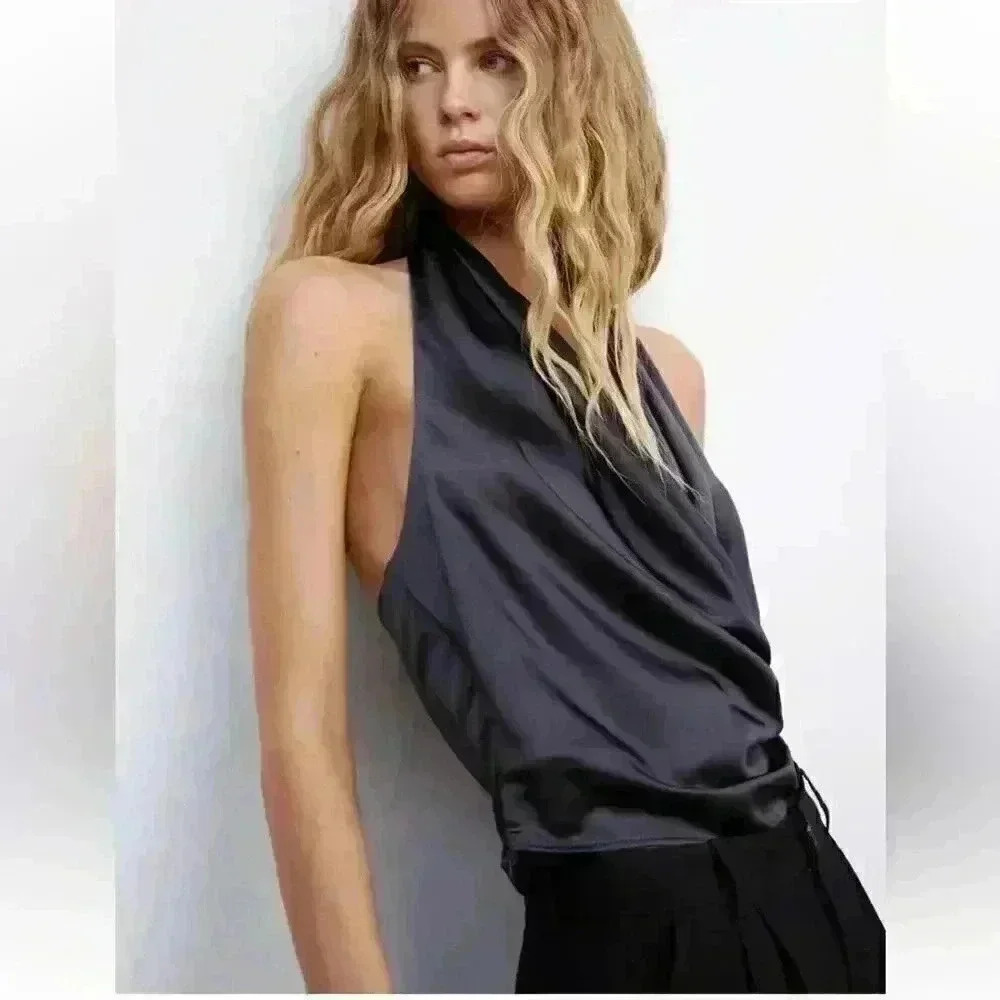 Mango Charcoal Draped Halter Satin Top